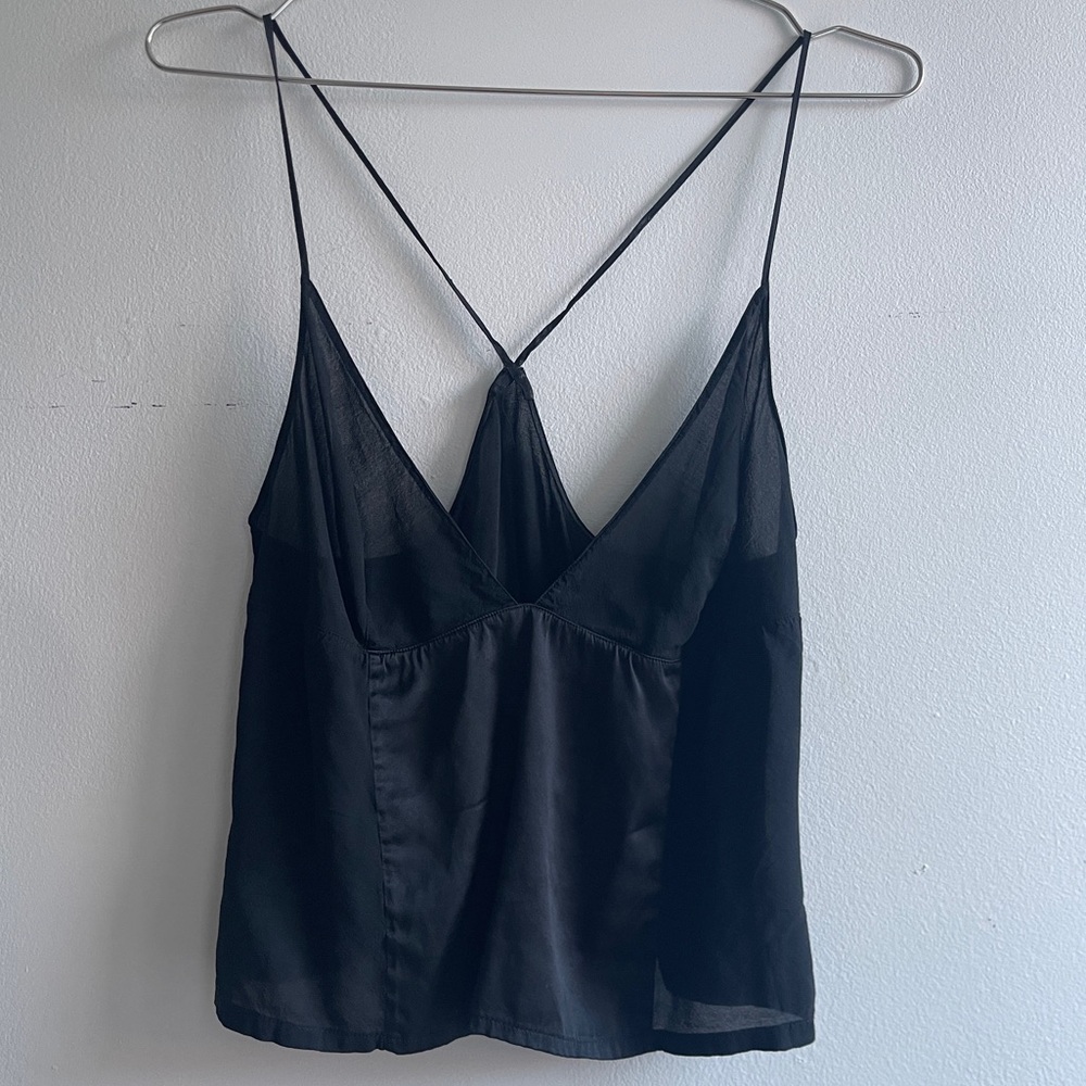 90s La Perla Black Silk Camisole Top with Sheer Panels.